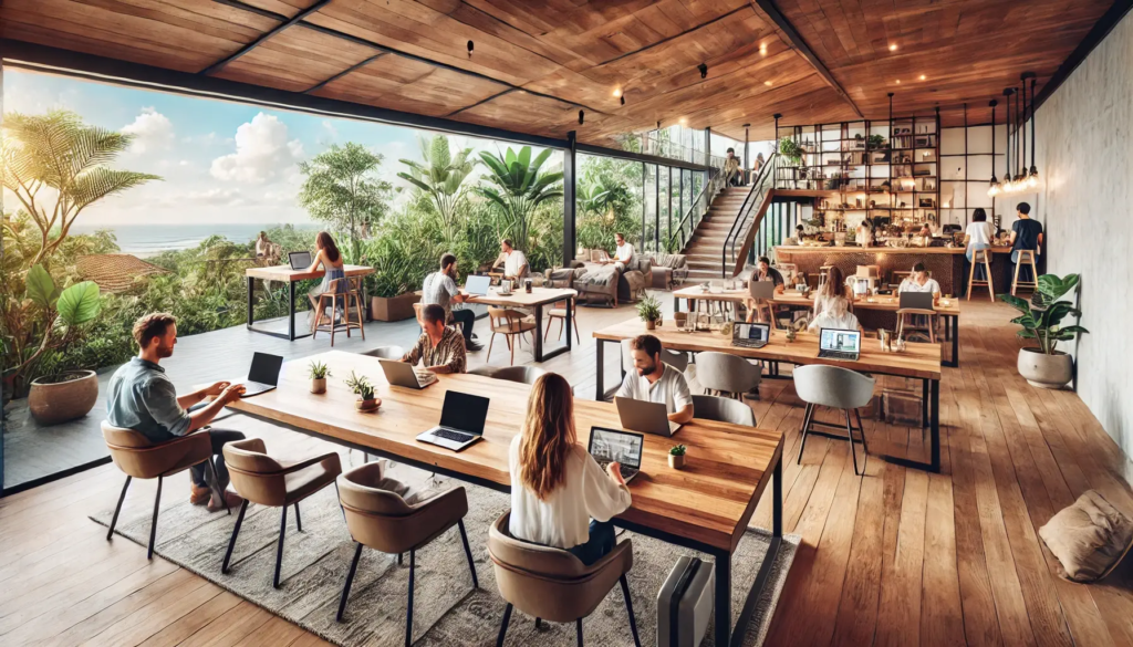 Digital nomads working in Bali villa coworking space